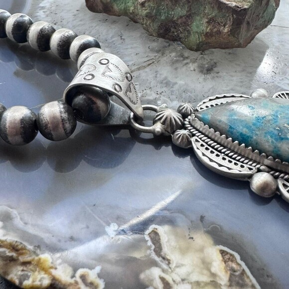 Sterling Silver Southwestern Style Teardrop Iranian Turquoise Decorated Pendant - Picture 3 of 10